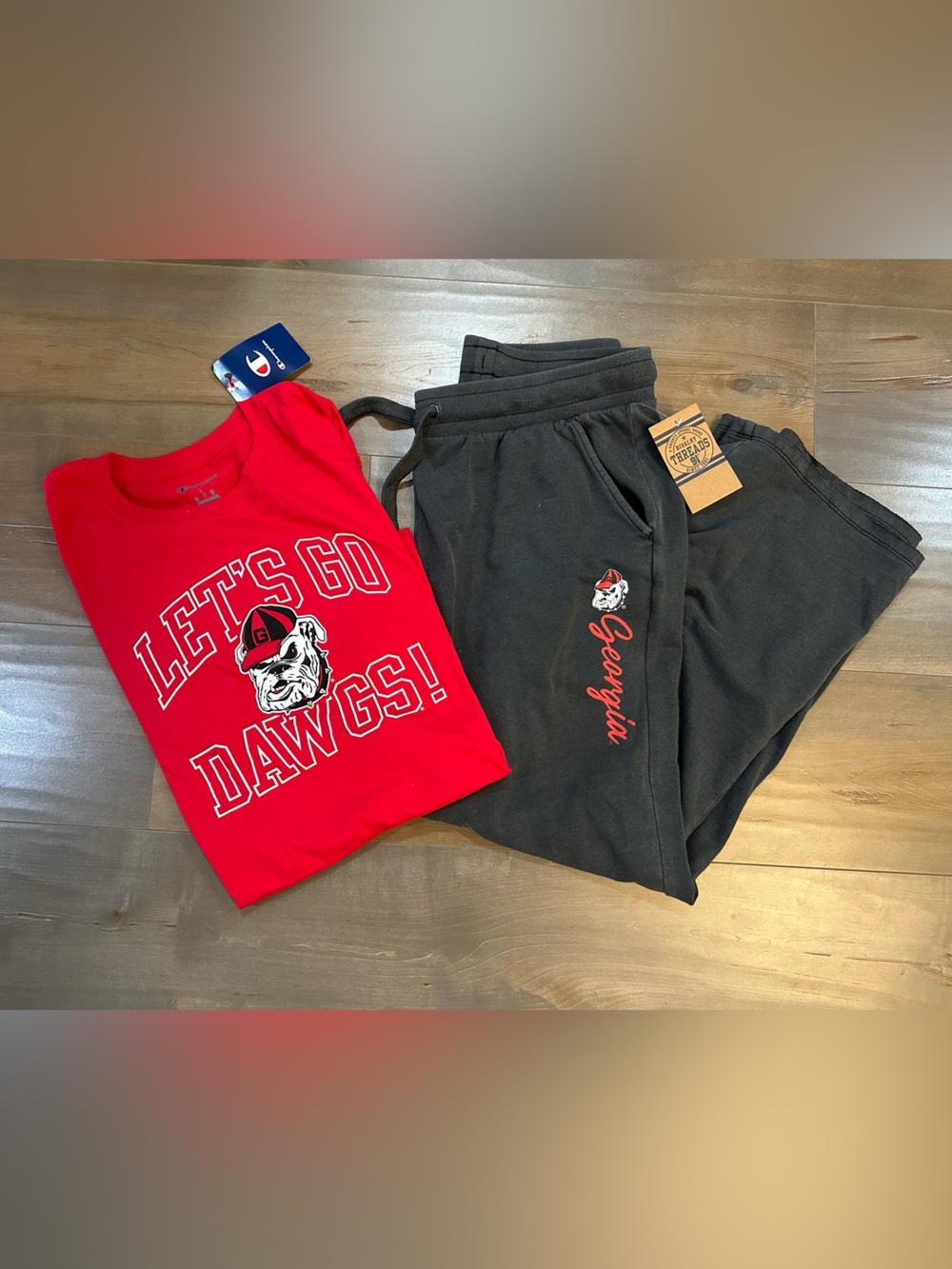 Champion Red "Let's Go Dawgs!" T-Shirt with Black Georgia Sweatpants